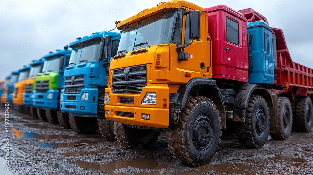 Row of colorful heavy-duty dump trucks parked on muddy ground. Row of colorful heavy-duty dump trucks parked on muddy ground.