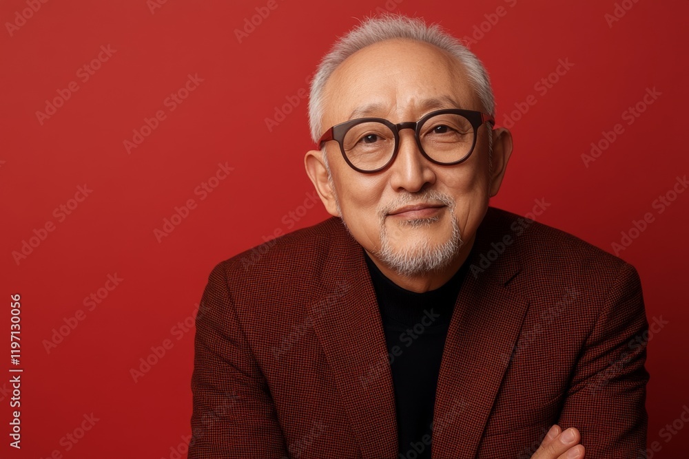 Portrait of an older man with glasses smiling against a red background reflecting warmth and approachability Portrait of an older man with glasses smiling against a red background reflecting warmth and approachability
