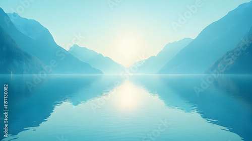 Serene mountain lake at sunrise, tranquil water reflecting the misty peaks. Perfect for peace, nature, calm, and travel themes.