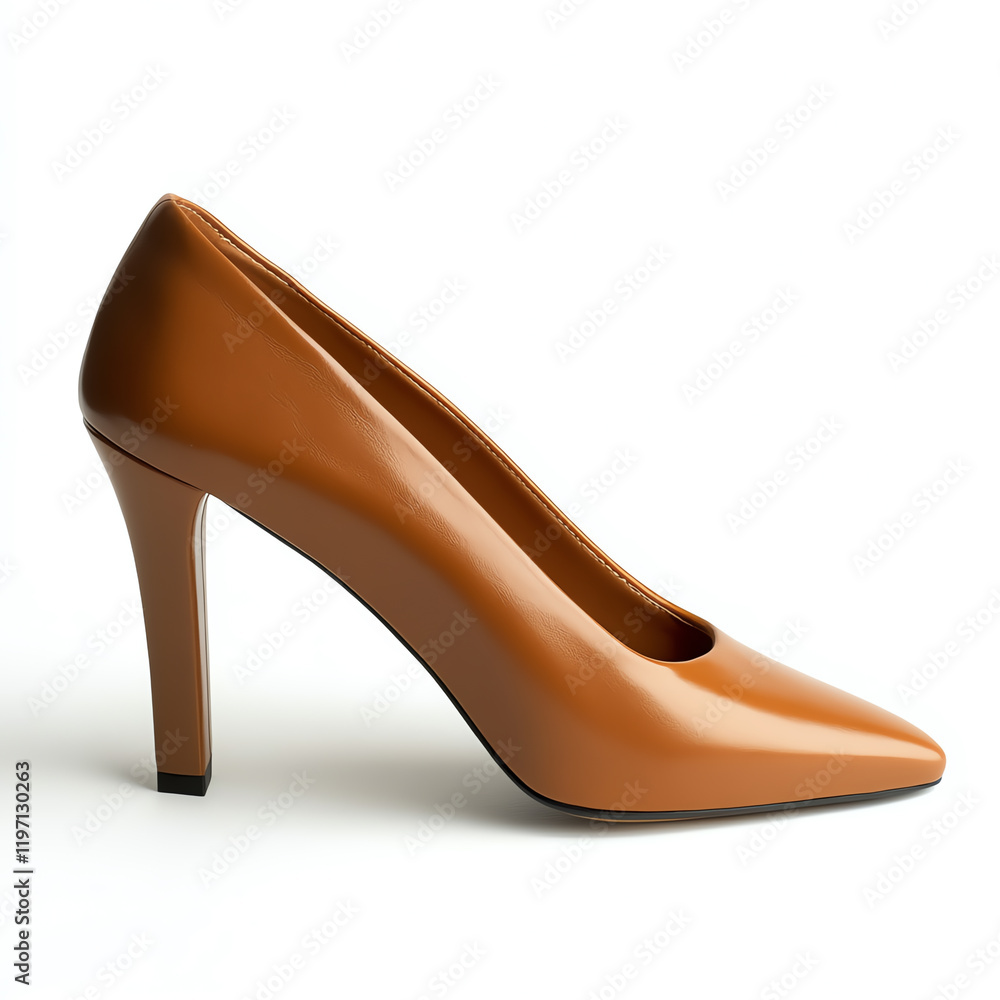Obraz premium Stylish brown high heel shoes on a white background, perfect for fashion and elegance in any outfit.