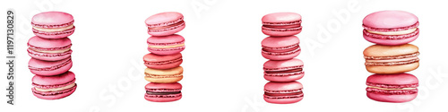 Four colorful stacks of macarons in shades of pink and peach, showcasing their delicate texture and appealing design, on white background.