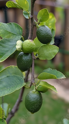 Green limes on branch, garden setting, outdoors, nature, fruit growing photo