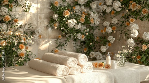 A massage table with fresh flowers and soft linens, focus on texture, detail-oriented setting, spa massage photo