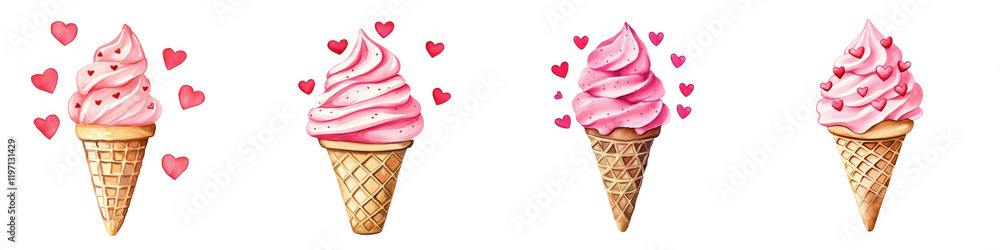 A playful illustration of pink ice cream cones, adorned with heart motifs, perfect for evoking joy and sweetness, on white background. A playful illustration of pink ice cream cones, adorned with heart motifs, perfect for evoking joy and sweetness, on white background.