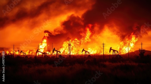 A wide-angle shot of oil pumps silhouetted by a striking sunset, vibrant colors spreading across the horizon in an industrial setting