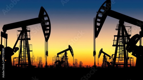 A wide-angle shot of oil pumps silhouetted by a striking sunset, vibrant colors spreading across the horizon in an industrial setting