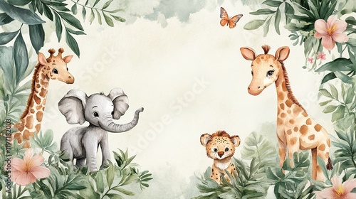 Watercolor safari animal frame for creative backgrounds, vibrant and fun.  