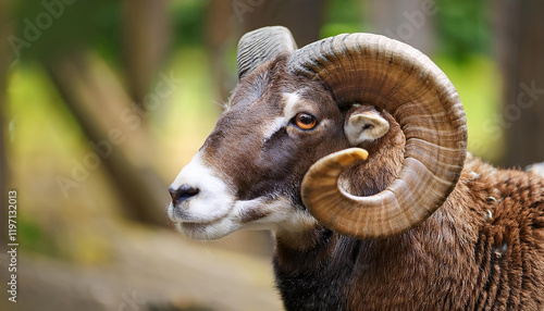 Close-up portrait of ram with natural background. Male sheep. Wild or farm animal. photo