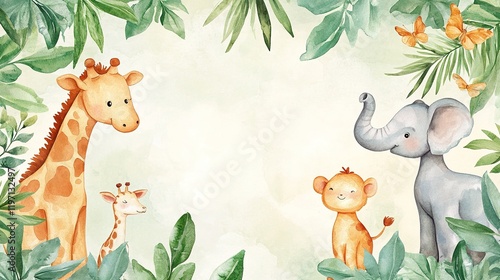 Fototapeta Naklejka Na Ścianę i Meble -  Cute safari zoo animal frame in watercolor style, perfect for backgrounds and designs.  