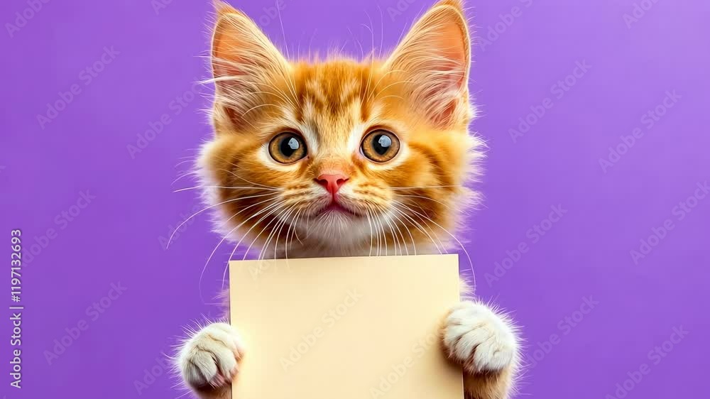 Young orange kitten peering edge.Curious cat wide eyes purple.Feline exploring simple cardboard.Household pet engaged playful behavior.Adorable creates charming scene.Domestic animal displays natural