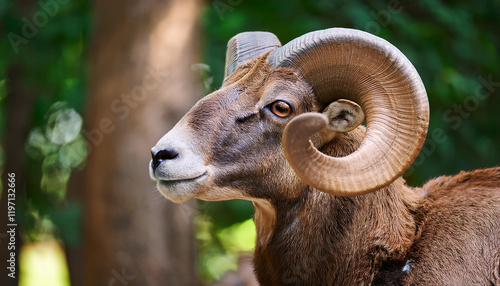 Close-up portrait of ram with natural background. Male sheep. Wild or farm animal. photo