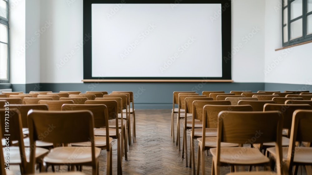 Empty conference room with chairs and projector displaying blank screen Empty conference room with chairs and projector displaying blank screen