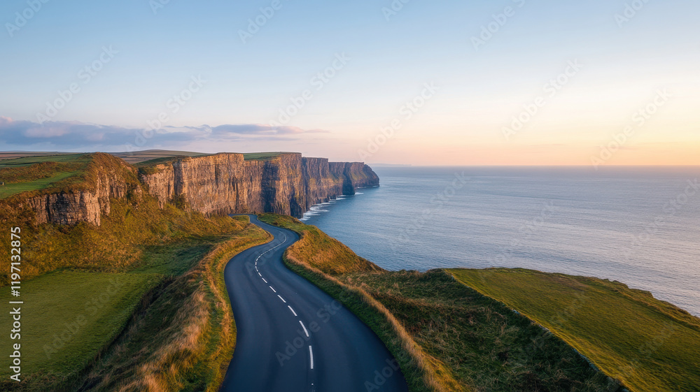 Chasing the Horizon concept, scenic coastal road with steep cliffs and ocean views at sunset Chasing the Horizon concept, scenic coastal road with steep cliffs and ocean views at sunset
