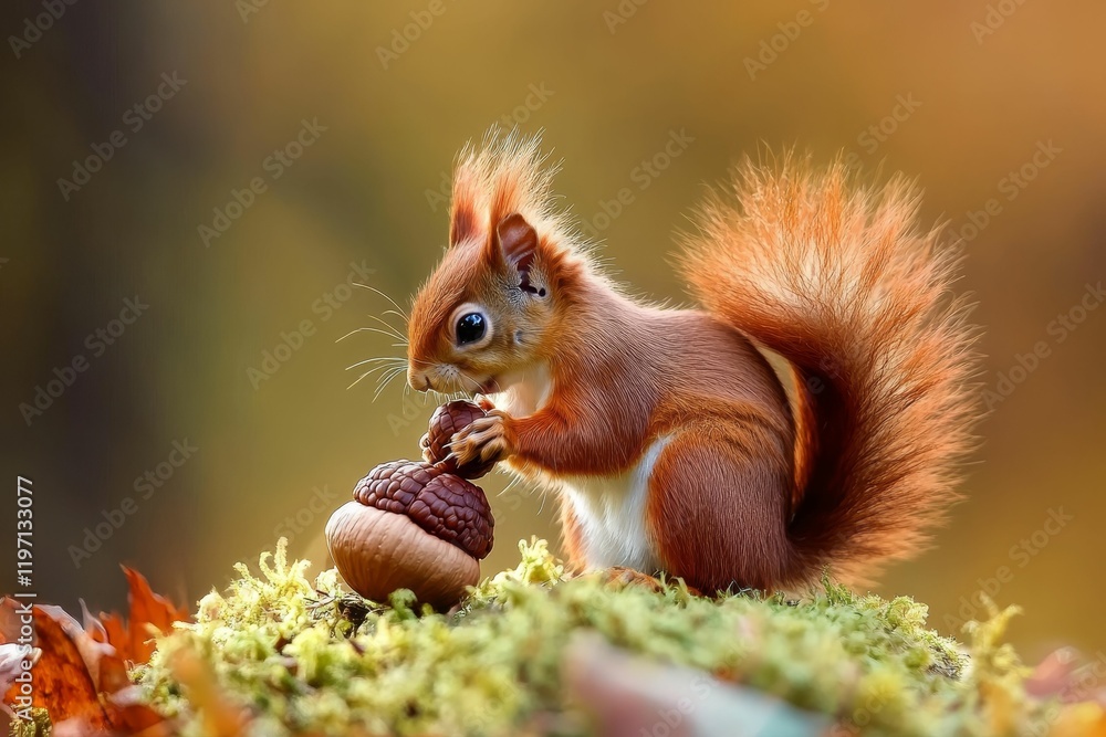Red squirrel holds acorn, sitting on mossy ground. Red squirrel holds acorn, sitting on mossy ground.