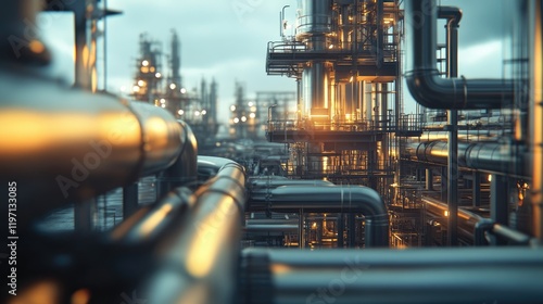 An oil pump in focus, surrounded by vast pipelines and industrial equipment, highlighting the scale of the oilfield