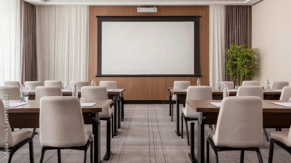 Modern conference room setup with projector and blank screen, ready for business presentations Modern conference room setup with projector and blank screen, ready for business presentations