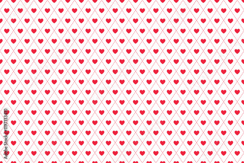 Seamless pattern with red heart in diamond shape grid pattern for Valentine’s Day background, card, banner, wallpaper, wrapping, print. Vector illustration.