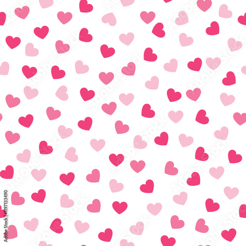 Seamless pattern of scattered pink hearts of various shades on a white background, vector illustration.