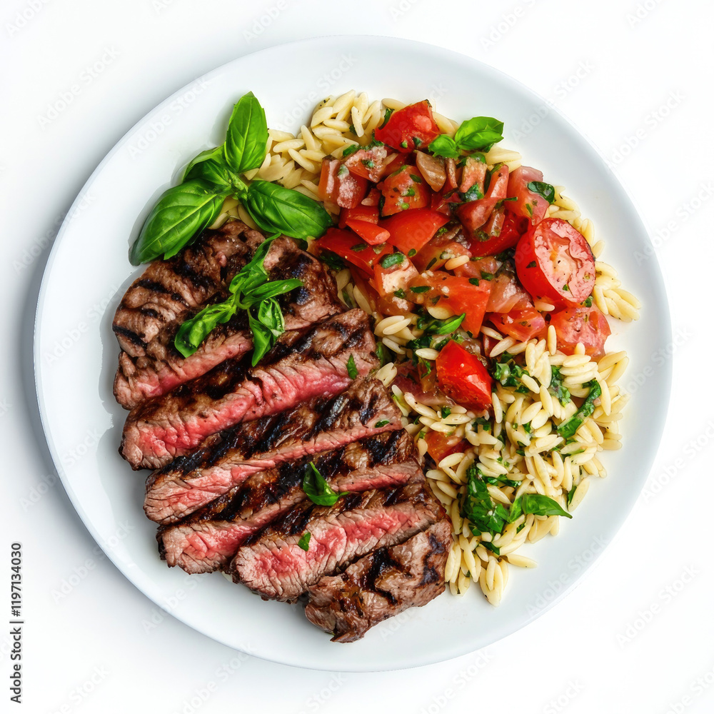 Plate of Steak with Rice and Tomatoes Isolated on a White Background Plate of Steak with Rice and Tomatoes Isolated on a White Background