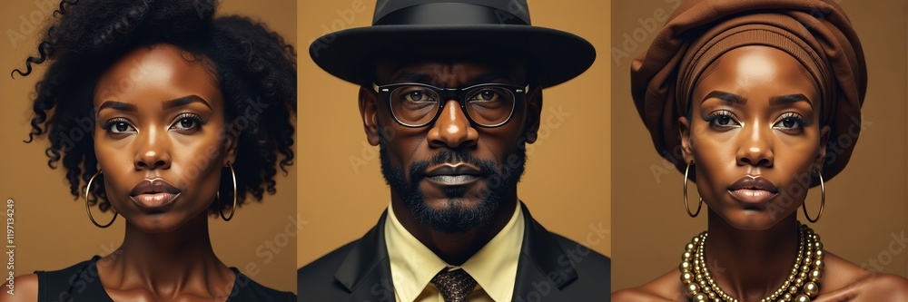 Three people side by side close up portraits against gold background, Black History Month Three people side by side close up portraits against gold background, Black History Month