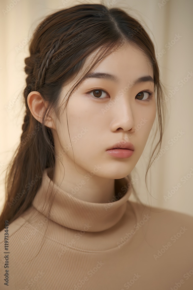 Fototapeta premium Close-Up Portrait of a Woman in Neutral-Colored Turtleneck