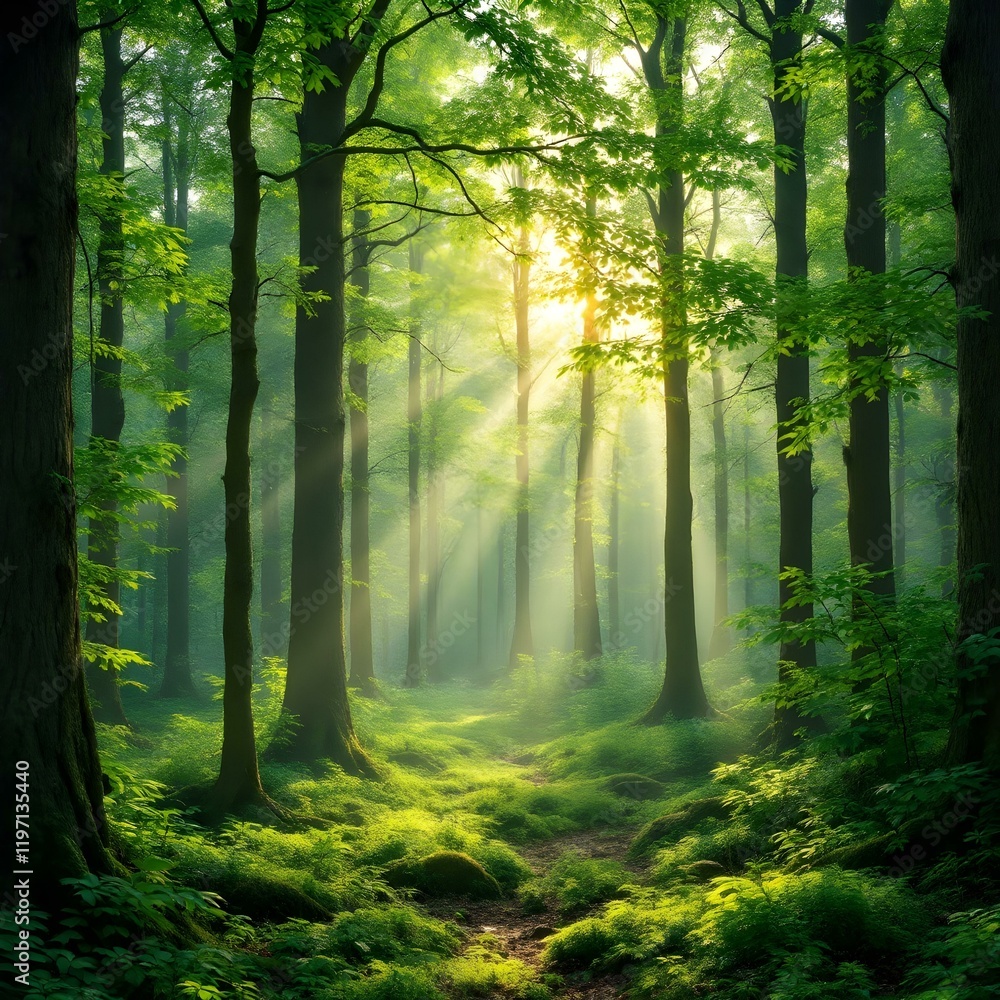 Naklejka premium Lush green forest, sunbeams piercing through trees, misty atmosphere