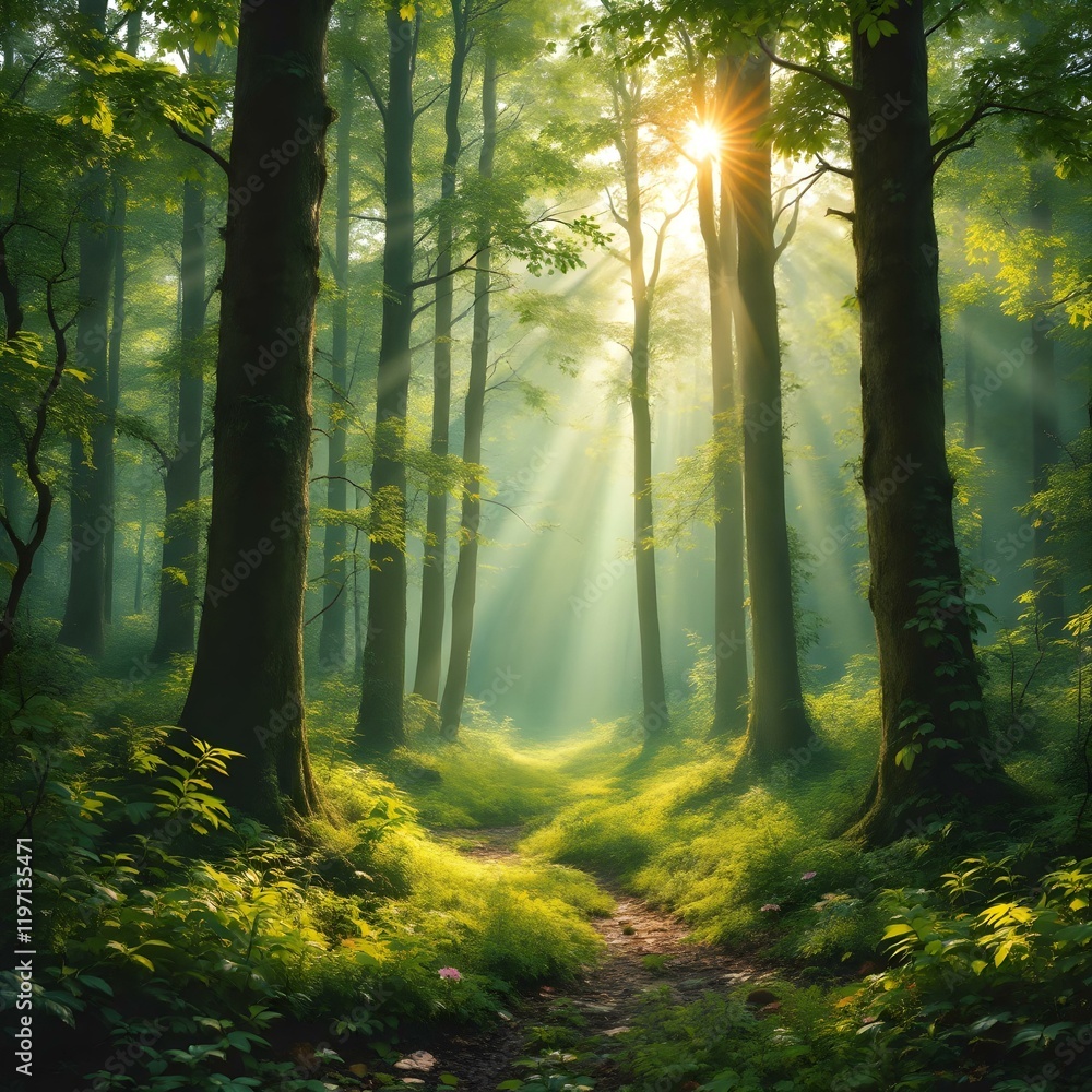 Obraz premium Lush green forest, sunbeams piercing through trees, misty atmosphere