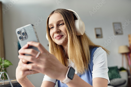Cuadro en lienzo A teenage girl relaxes in her room, using her smartphone and listening to music with headphones