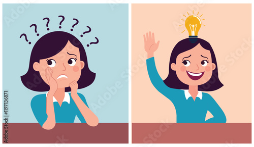 Illustration of a woman solving a problem, on the left, confused with question marks, and on the right, 
smiling with a lightbulb above her head, symbolizing inspiration and solutions.