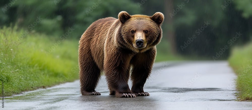 Obraz premium Brown Bear on Rainy Road Forest Background