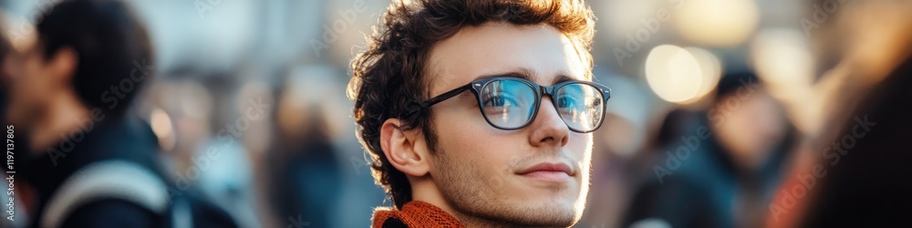 Young man in glasses gazes thoughtfully amidst bustling crowd, c Young man in glasses gazes thoughtfully amidst bustling crowd, c