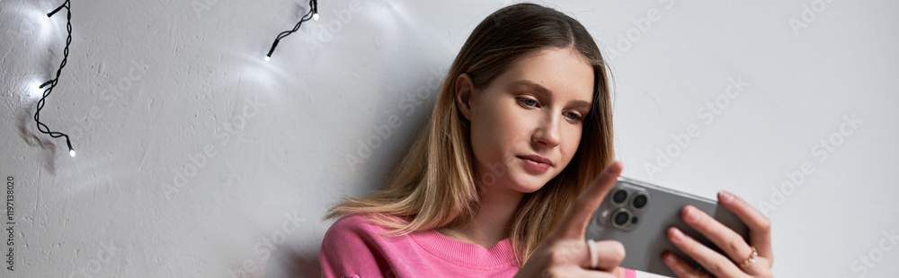 Naklejka premium A teenage girl enjoys her evening in a stylish room while using her smartphone, banner