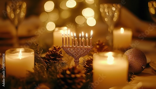 A beautifully decorated Hanukkah table with an intricately designed menorah photo