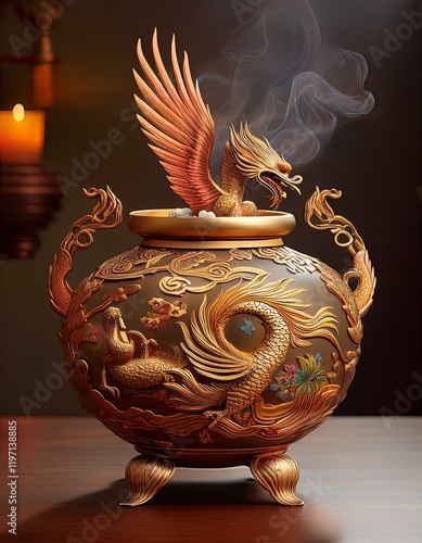 Incense burner with dragon relief. Oriental inspired home decor. photo