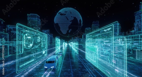 AI-Driven Geospatial Intelligence in a Futuristic City.