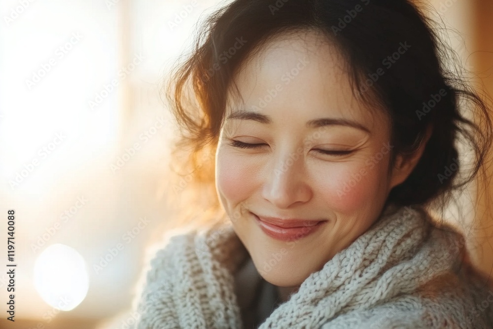 Smiling woman enjoying warm sunlight indoors during a peaceful moment Smiling woman enjoying warm sunlight indoors during a peaceful moment