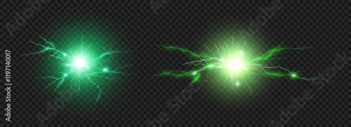 Lightning strikes and sparks, electrical energy realistic effect. Vector isolated set of bolts, sphere balls with powerful force and high voltage discharge. Thunderbolt burst or plasmic strike