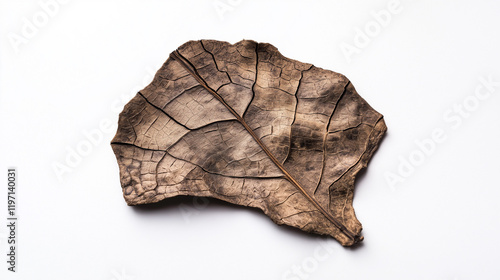 A single dry, curled-up brown leaf with visible cracks and a rough texture, placed on a white background.  photo