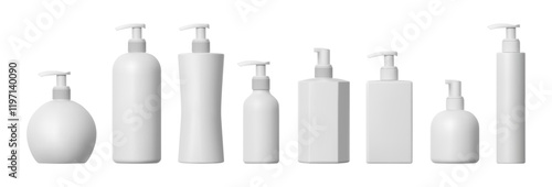 Plastic bottle dispensers with press pump and aerosol. Vector isolated realistic cosmetic products containers. Shampoo or lotion, shower gel or cream mockup package with copy space for ads