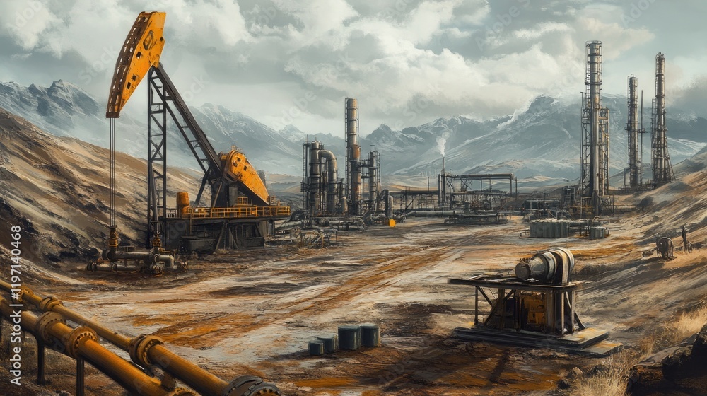 Heavy machinery and oil pumps dominate the scene at a gas mining site, set against a vast, rugged landscape with pipes and equipment