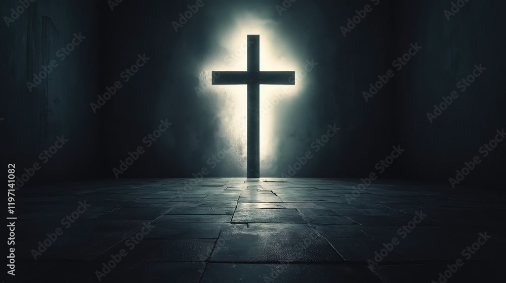 Naklejka premium An evocative scene of a door shaped like a cross, standing out in a dark and minimalist room