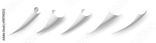Flipping book effect, page curl or bent edges of notebook, realistic cellulose fibers collection. Isolated curved paper corners, folded piece of sheet or brochure. White scroll or turning
