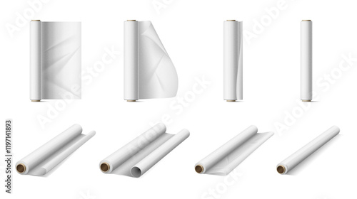Baking paper roll, papyrus package sheet, towel with recycle paper, cooking wrapping parchment isolated on white. Bakery packaging aluminum foil vector baking paper, kitchen parchment