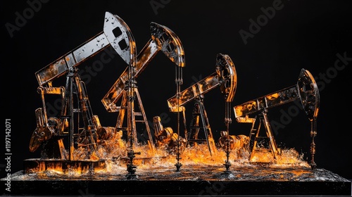 Oil pump jacks in silhouette, bathed in the warm glow of a sunset, with dramatic colors filling the sky over an oil field