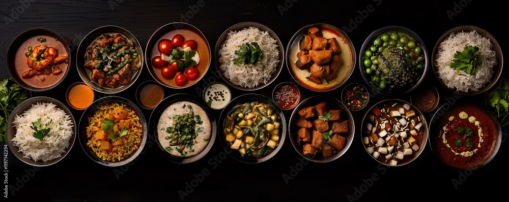 A long table with many bowls of food on it