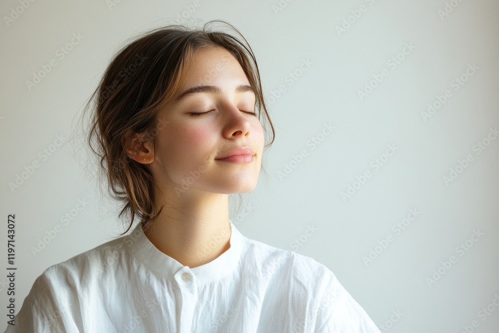 Young woman enjoying a moment of tranquility with eyes closed in a bright, serene environment Young woman enjoying a moment of tranquility with eyes closed in a bright, serene environment