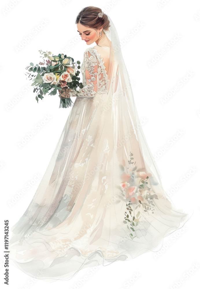 PNG Elegant bride holding floral bouquet PNG Elegant bride holding floral bouquet