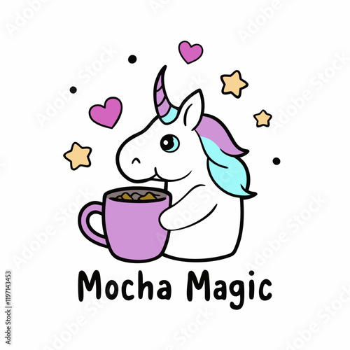 Sticker design of A unicorn sipping from a coffee mug with floating hearts and sparkles. Add the phrase Mocha Magic