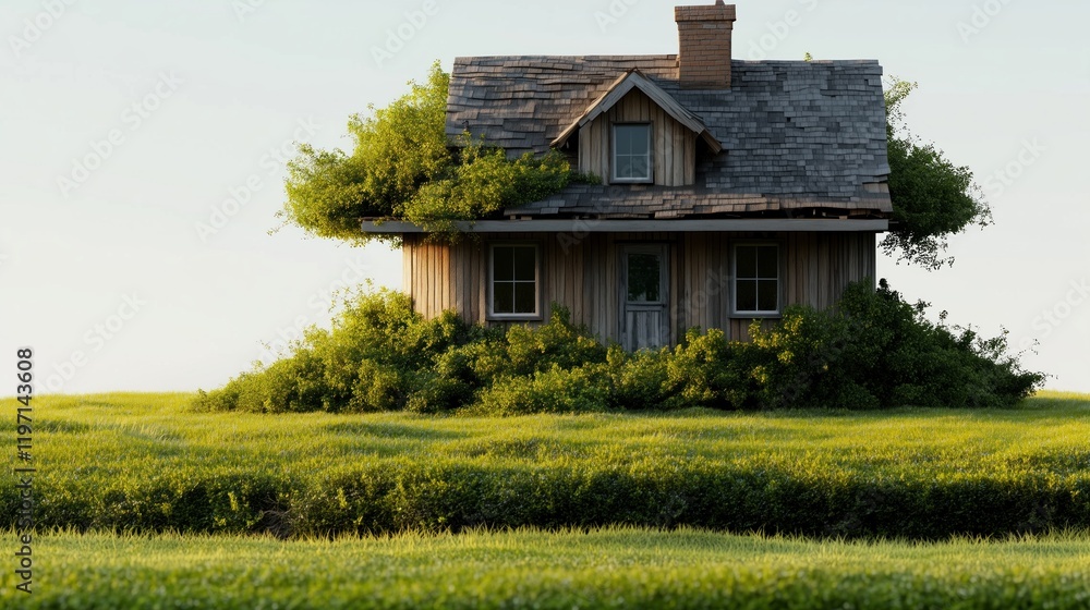 wooden house, seemingly abandoned, is covered with lush green plants in a peaceful field. soft light of golden hour enhances the serene atmosphere surrounding the structure wooden house, seemingly abandoned, is covered with lush green plants in a peaceful field. soft light of golden hour enhances the serene atmosphere surrounding the structure