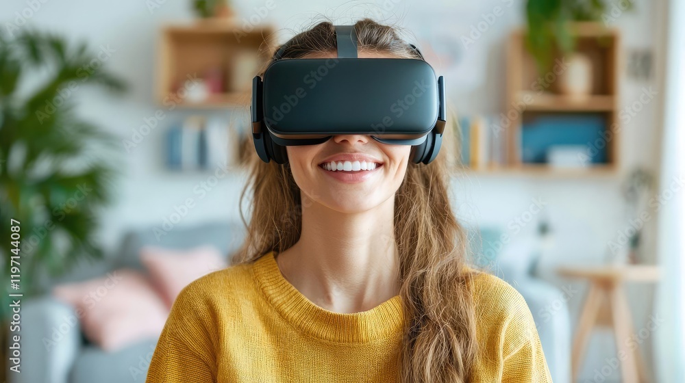 Woman smiles using VR headset at home Woman smiles using VR headset at home